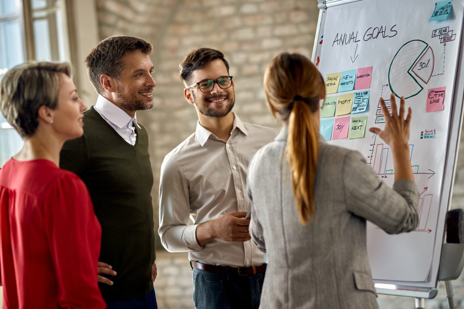 Happy business team cooperating while analyzing their business progress on whiteboard in the office.